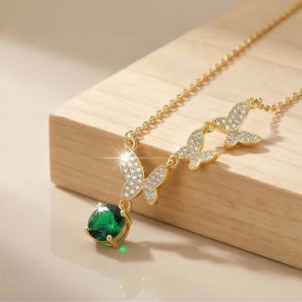 925 Sterling Silver Ascending Butterfly Green Drop Necklace Jewellery with Gold Finish