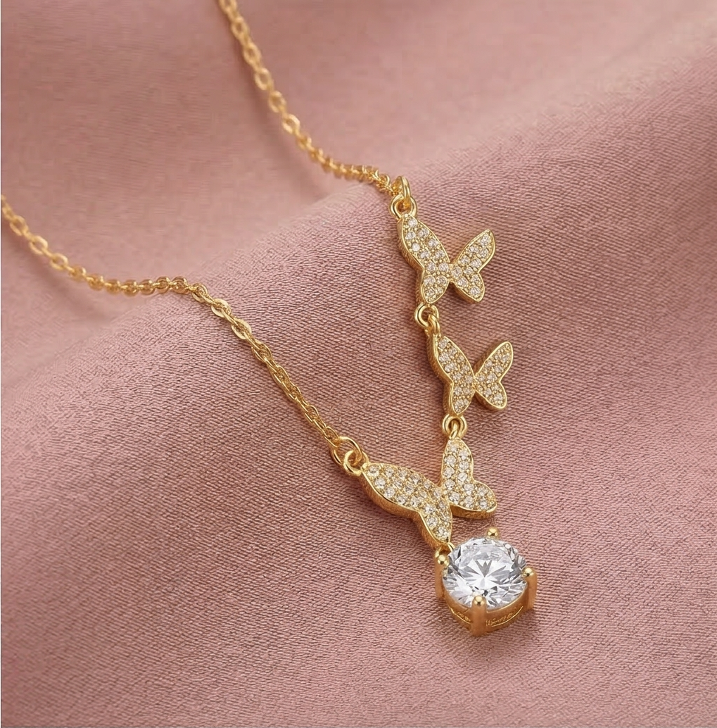 925 Sterling Silver Ascending Butterfly Pendant Necklace Jewellery with Gold Finish