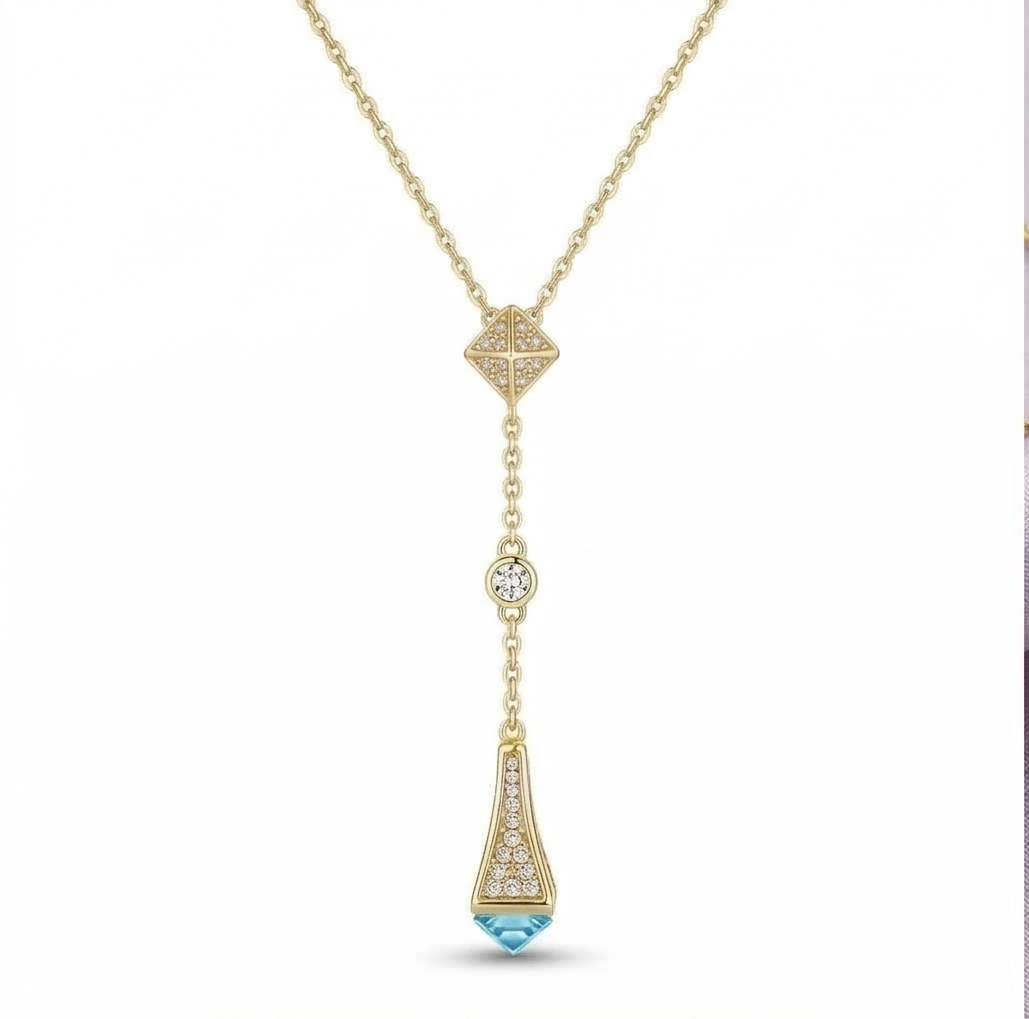 925 Sterling Silver Geometric Blue Accent Y-Necklace Jewellery with Gold Finish