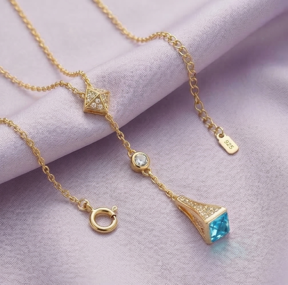 925 Sterling Silver Geometric Blue Accent Y-Necklace Jewellery with Gold Finish