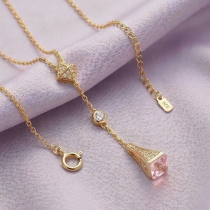 925 Sterling Silver Geometric Lariat Drop Necklace Jewellery with Pink Stone in Gold Plated Finish