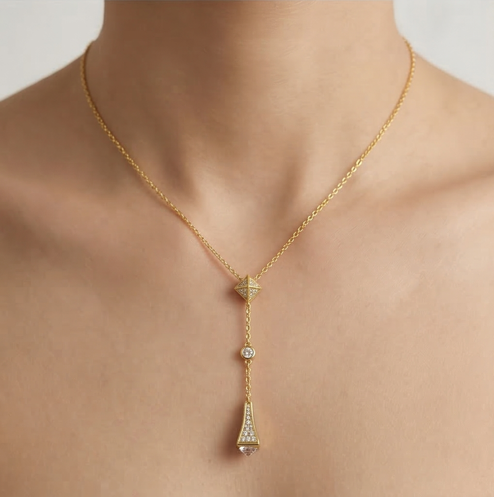 925 Sterling Silver Geometric Lariat Y-Necklace Jewellery with Gold Finish