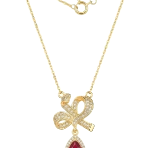 925 Sterling Silver Ribbon Bow Pendant Necklace Jewellery with Red Stone in Gold Plated Finish