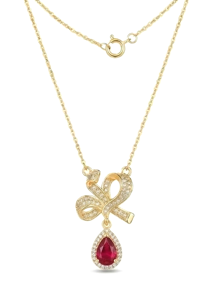 925 Sterling Silver Ribbon Bow Pendant Necklace Jewellery with Red Stone in Gold Plated Finish