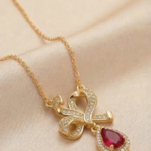 925 Sterling Silver Ribbon Bow Pendant Necklace Jewellery with Red Stone in Gold Plated Finish