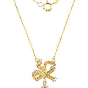925 Sterling Silver Ribbon Bow Pendant Necklace Jewellery with Blue Stone in Gold Plated Finish