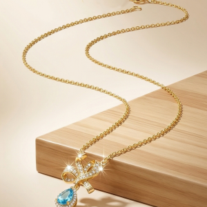 925 Sterling Silver Ribbon Bow Pendant Necklace Jewellery with Blue Stone in Gold Plated Finish