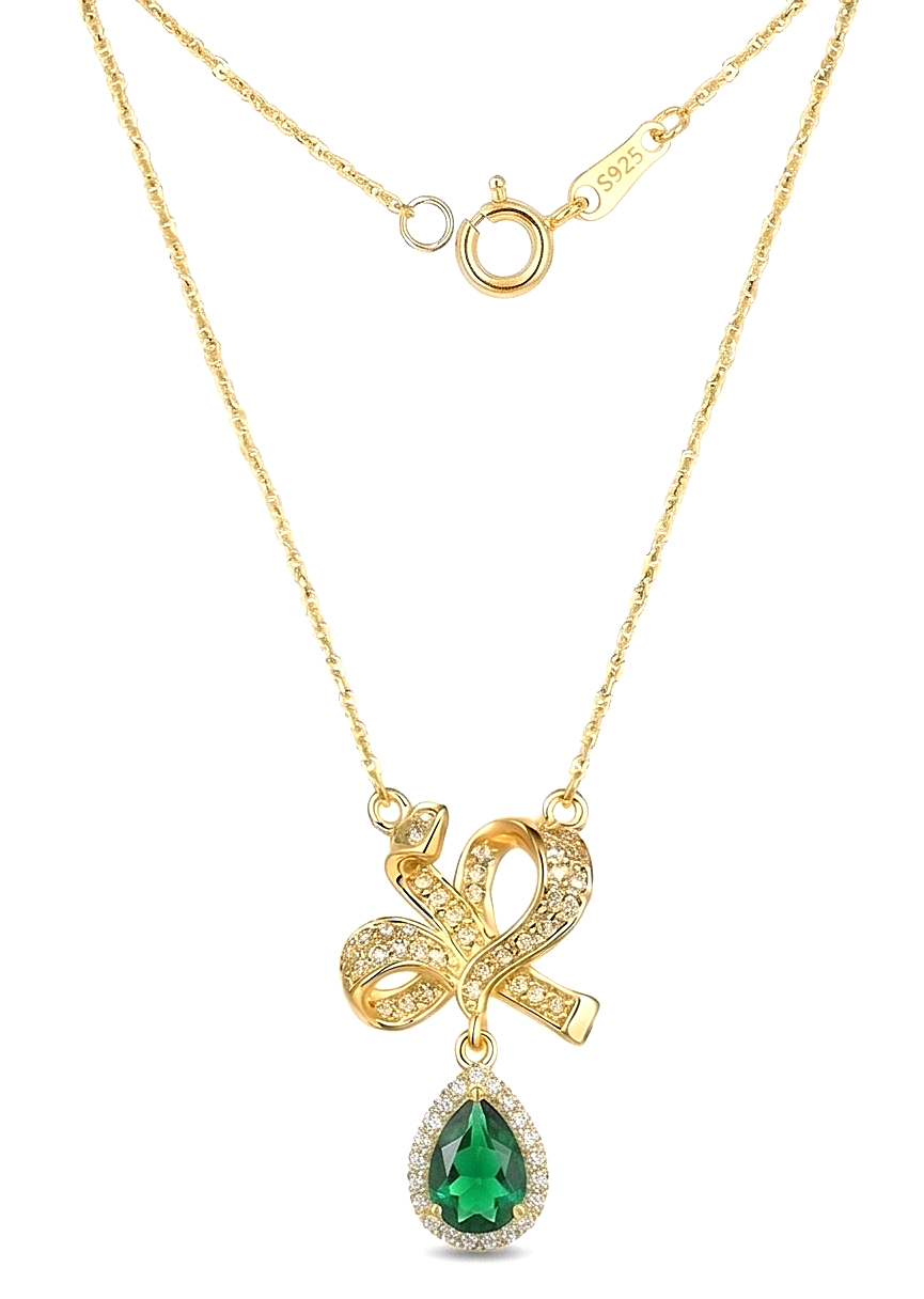 925 Sterling Silver Elegant Ribbon Bow Pendant Necklace Jewellery with Green Teardrop in Gold Plated Finish