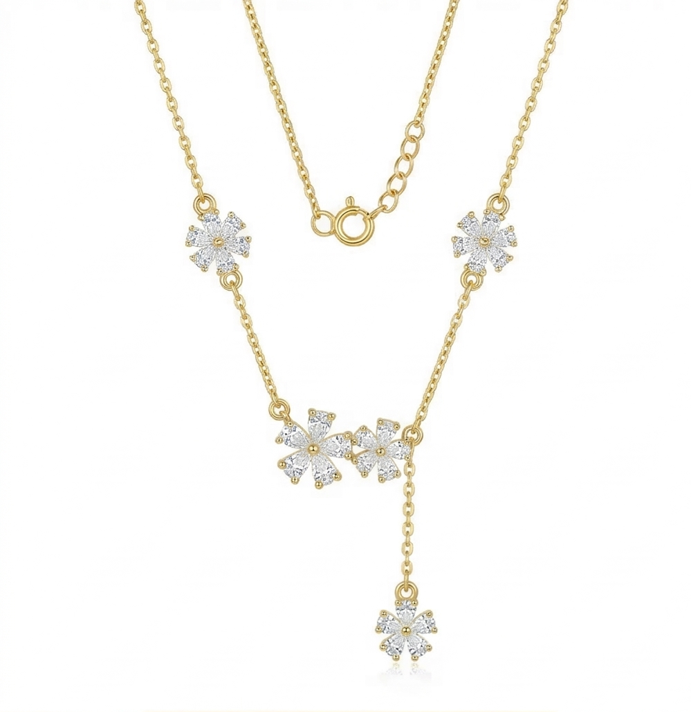 925 Sterling Silver Floral Y-Necklace Lariat Jewellery in Gold Plated Finish