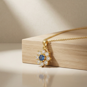 925 Sterling Silver Floral Halo Pendant Necklace Jewellery with Blue Center in Gold Plated Finish