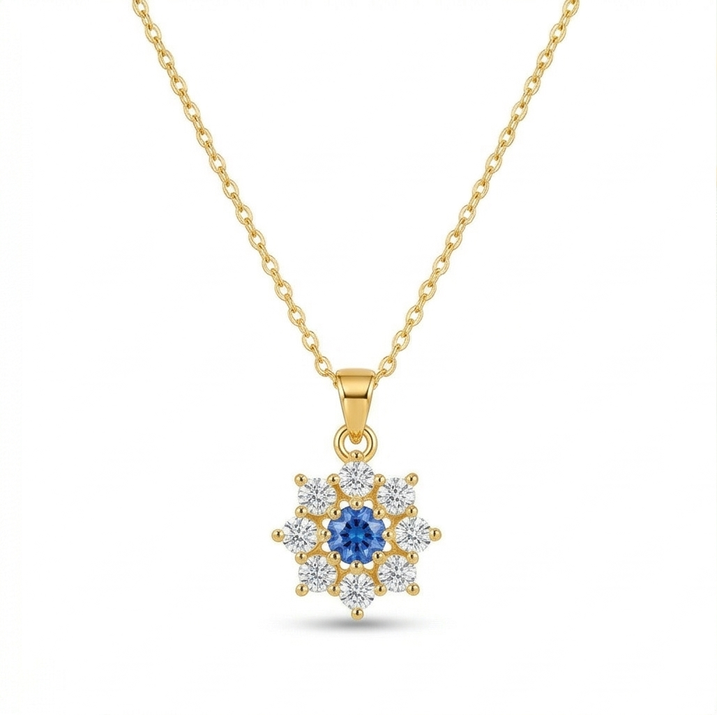 925 Sterling Silver Floral Halo Pendant Necklace Jewellery with Blue Center in Gold Plated Finish