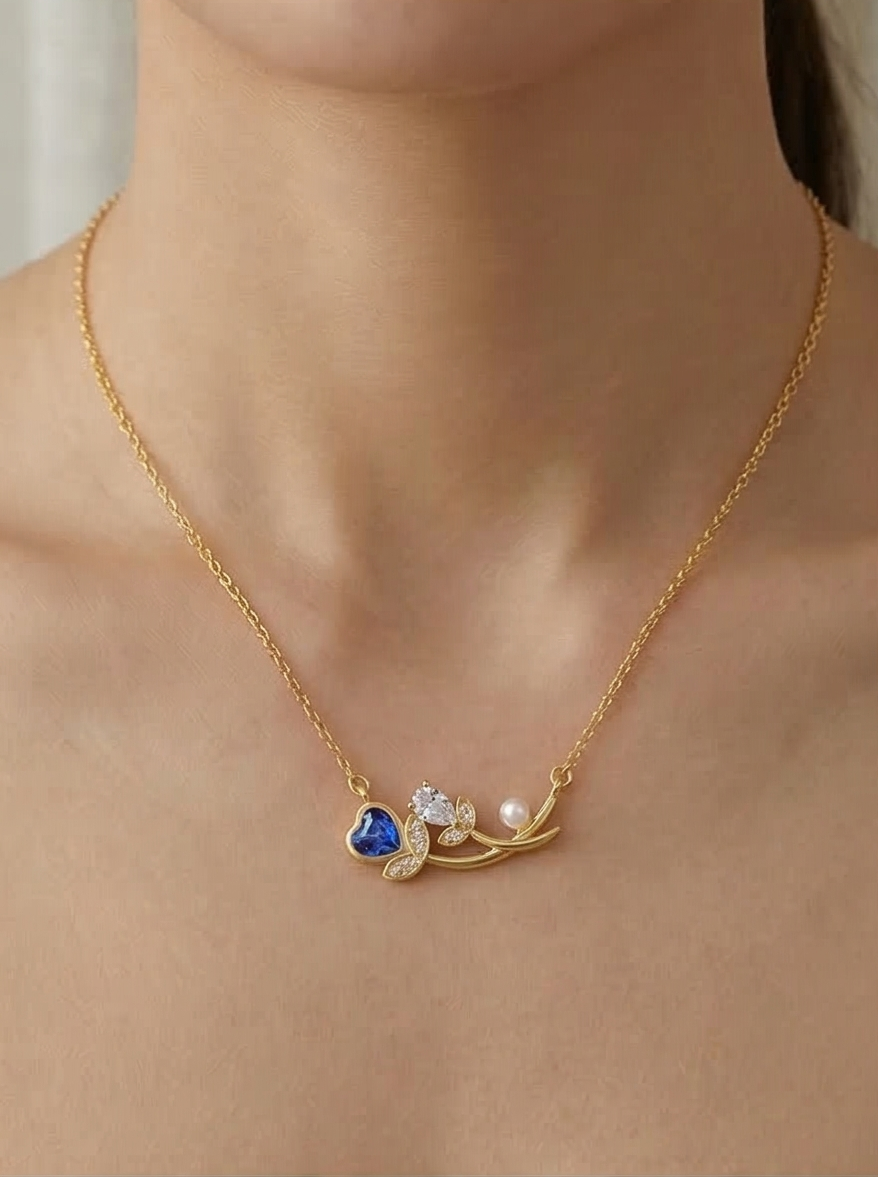 925 Sterling Silver Blue Heart and Pearl Floral Necklace Jewellery for Women with Gold Finish