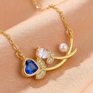 925 Sterling Silver Blue Heart and Pearl Floral Necklace Jewellery for Women with Gold Finish