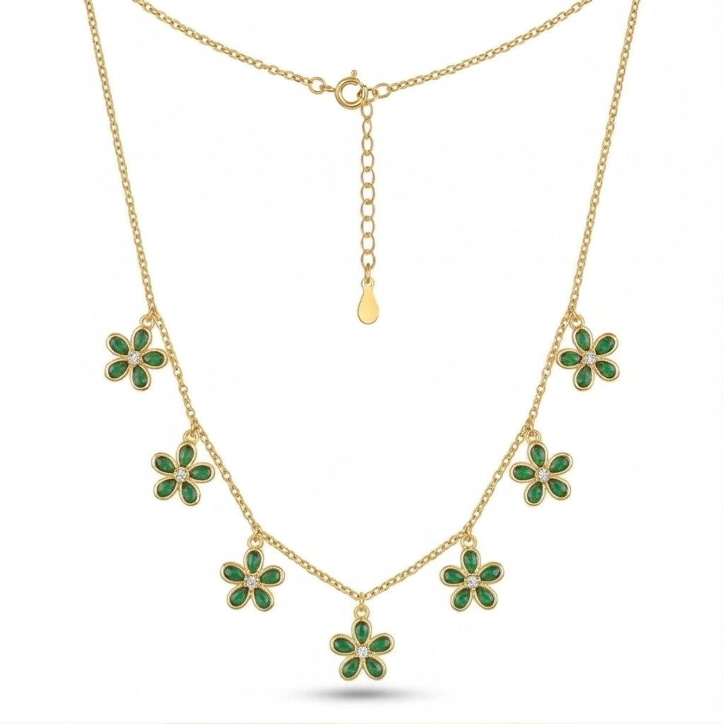 925 Sterling Silver Green Floral Charm Necklace Jewellery for Women with Gold Finish