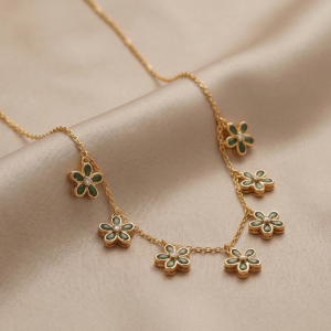 925 Sterling Silver Green Floral Charm Necklace Jewellery for Women with Gold Finish