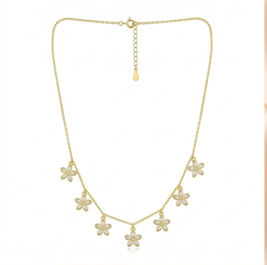 925 Sterling Silver Clear Floral Charm Necklace Jewellery for Women with Gold Finish