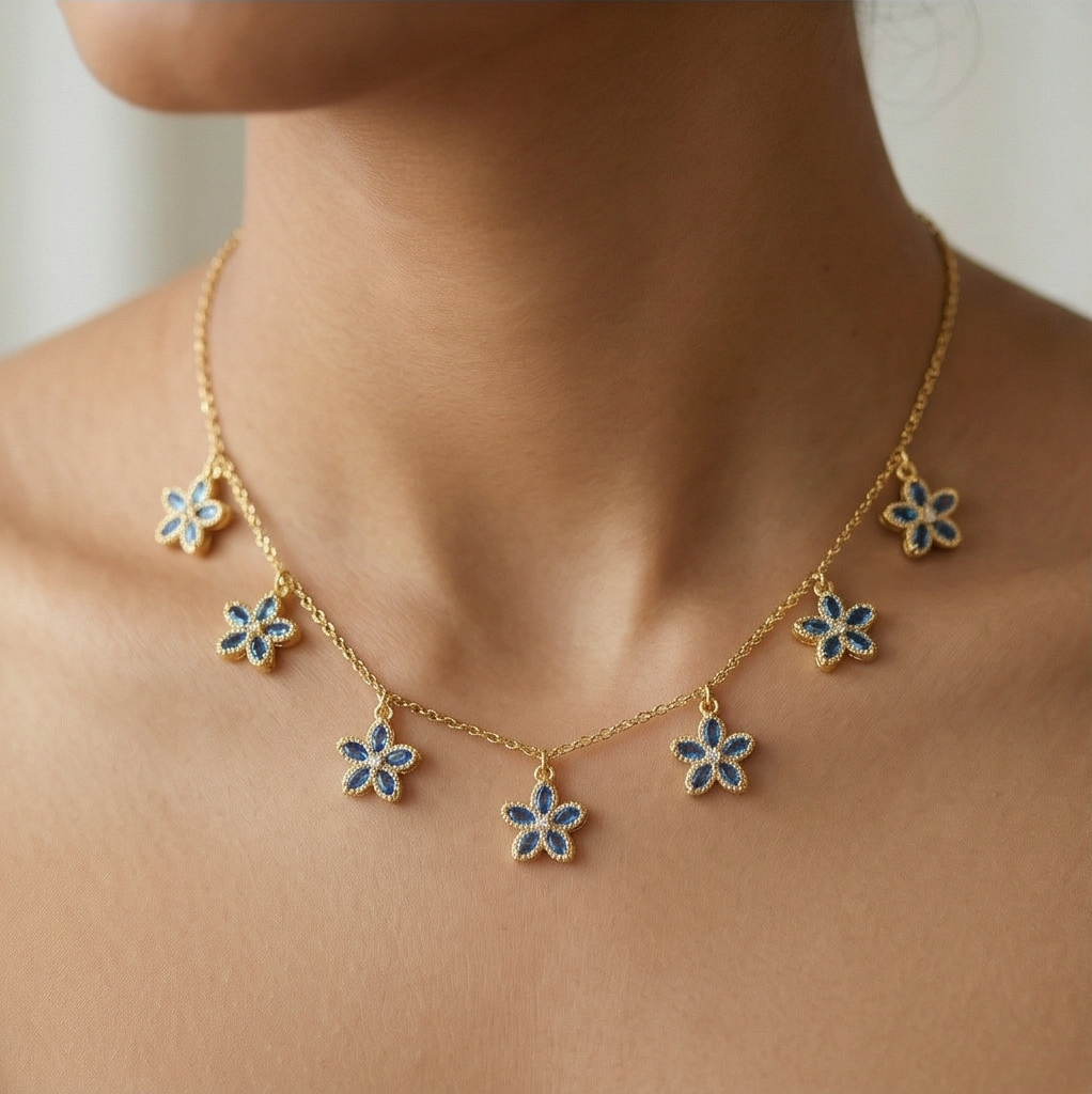 925 Sterling Silver Floral Charm Necklace for Women with Gold Finish Blue Flower Jewellery
