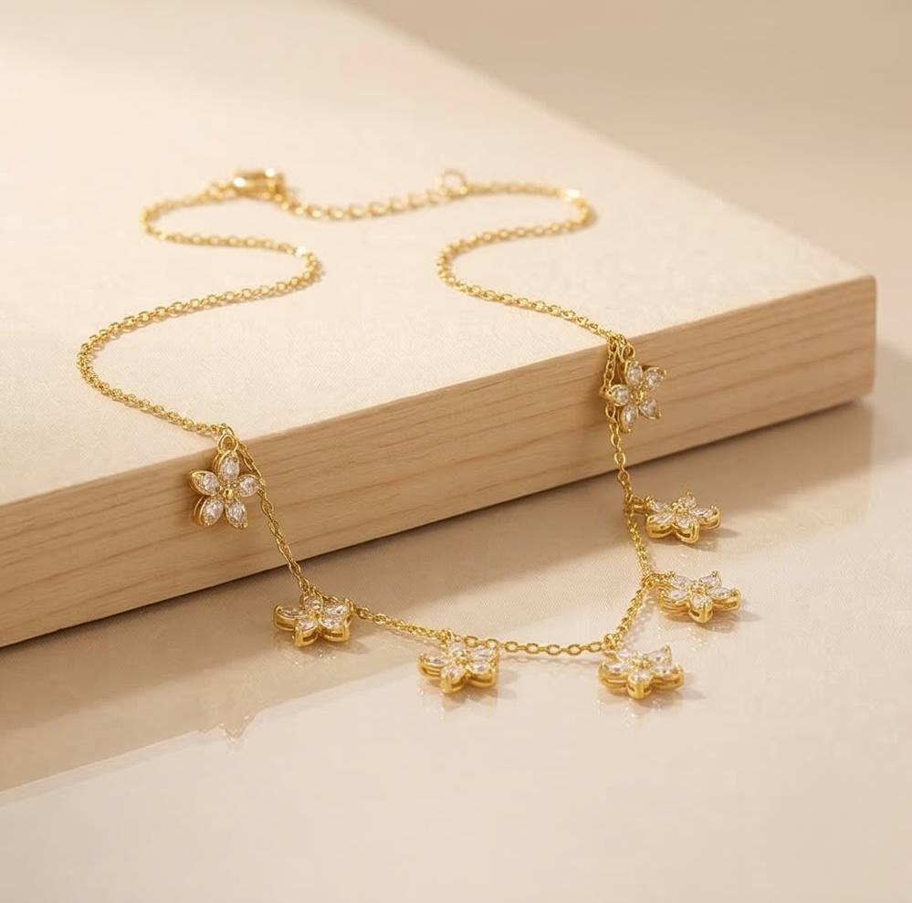 925 Sterling Silver Clear Floral Charm Necklace Jewellery for Women with Gold Finish