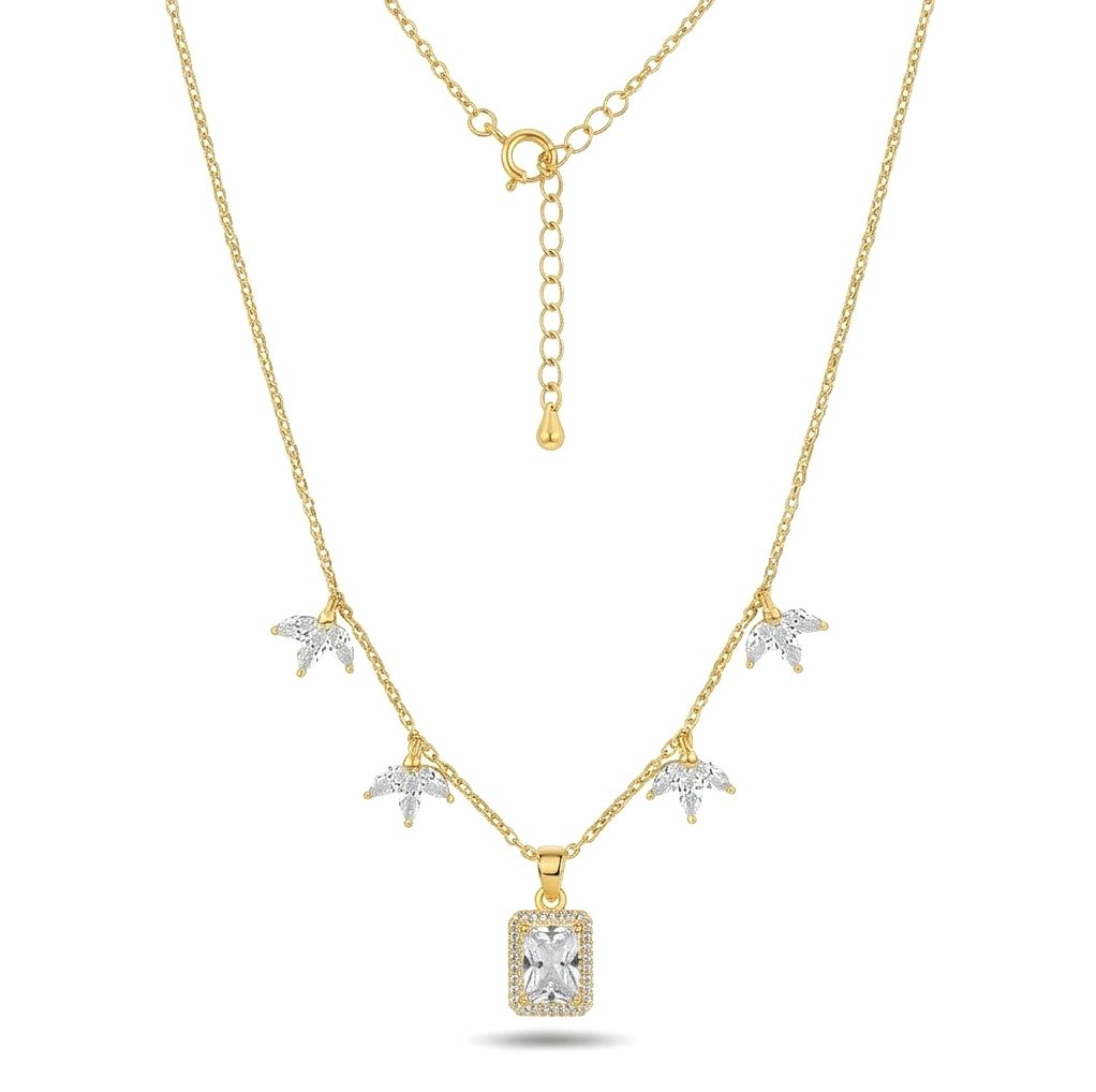 925 Sterling Silver Clear Rectangular Halo Necklace Jewellery for Women with Gold Finish