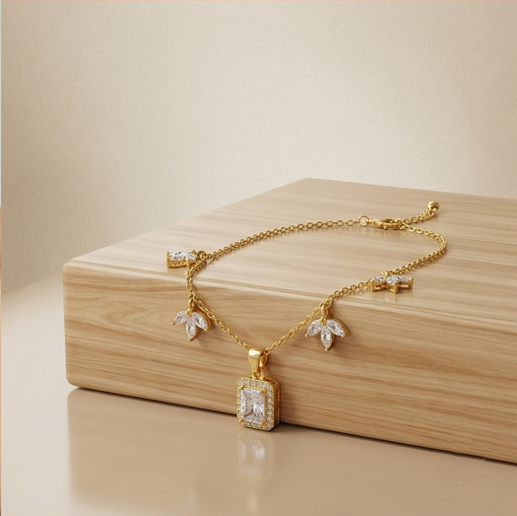 925 Sterling Silver Clear Rectangular Halo Necklace Jewellery for Women with Gold Finish