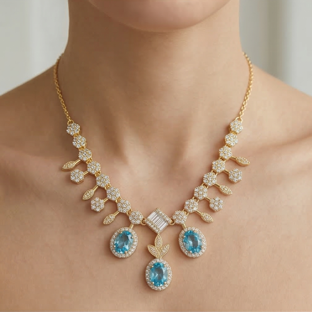 925 Sterling Silver Gold Plated Statement Blue Gemstone Necklace Jewellery for Women