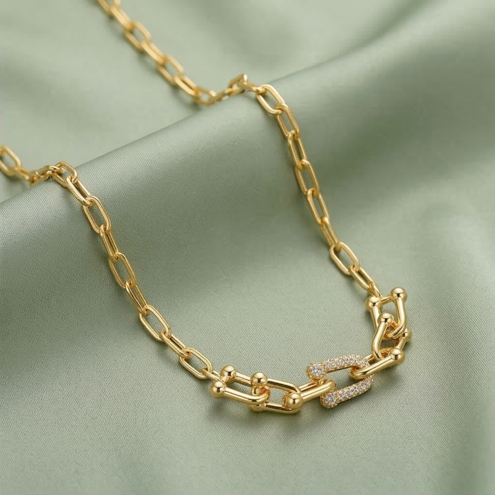 925 Sterling Silver Gold Plated U-Link Chain Choker Necklace Jewellery