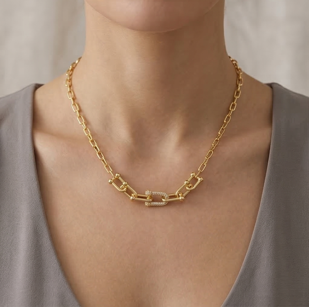 925 Sterling Silver Gold Plated U-Link Chain Choker Necklace Jewellery