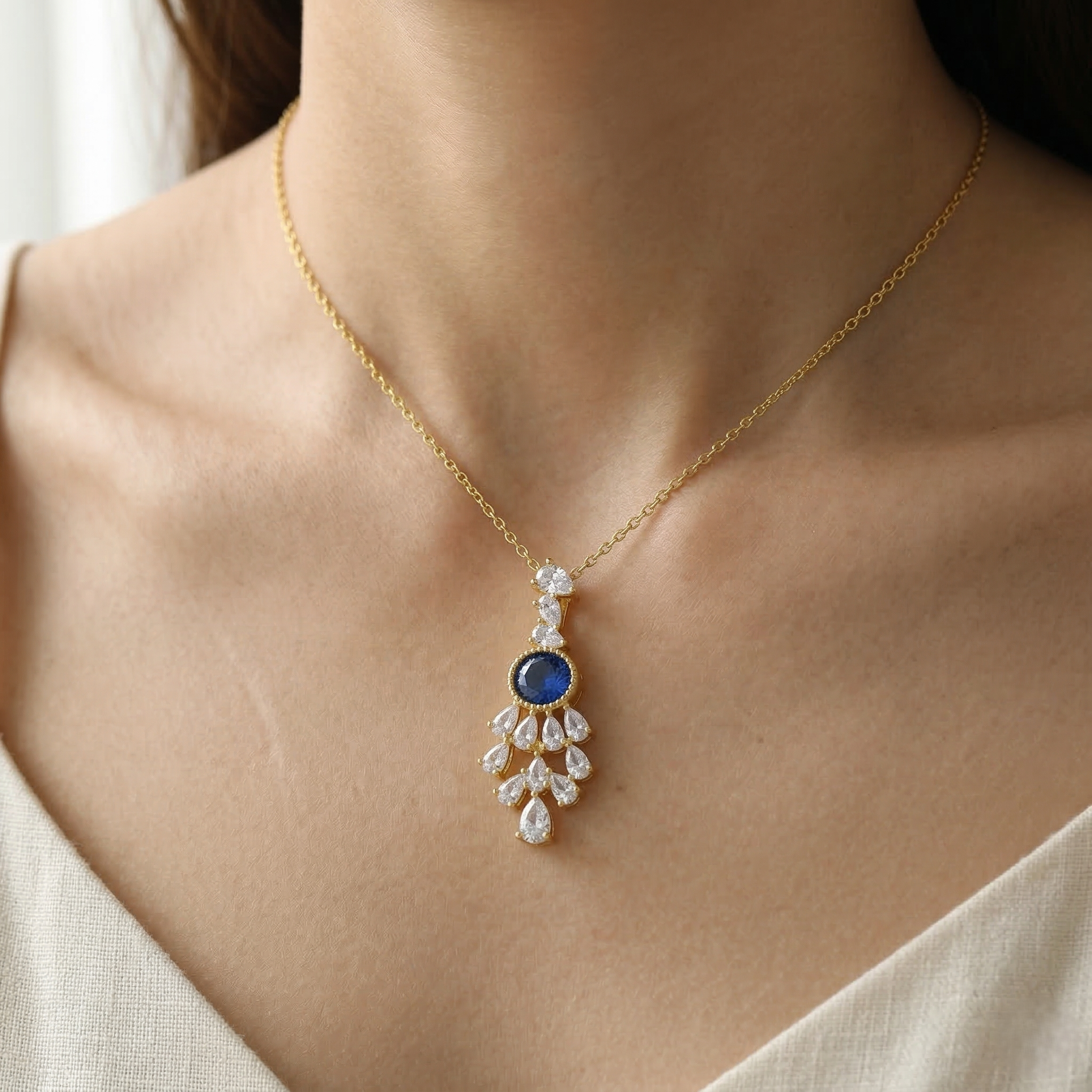925 Sterling Silver Gold Plated Blue Chandelier Pendant Necklace Jewellery