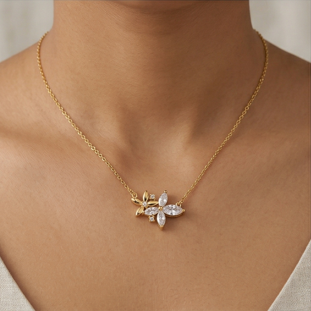 925 Sterling Silver Gold Plated Floral Cluster Necklace Jewellery