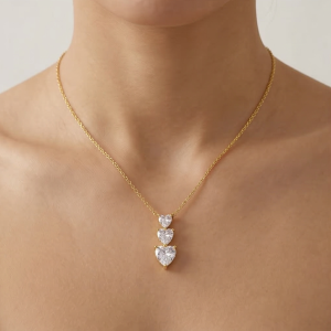 925 Sterling Silver Gold Plated Triple Heart Drop Necklace Jewellery