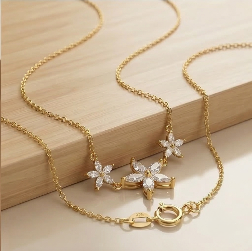 925 Sterling Silver Gold Plated Triple Floral Station Necklace Jewellery
