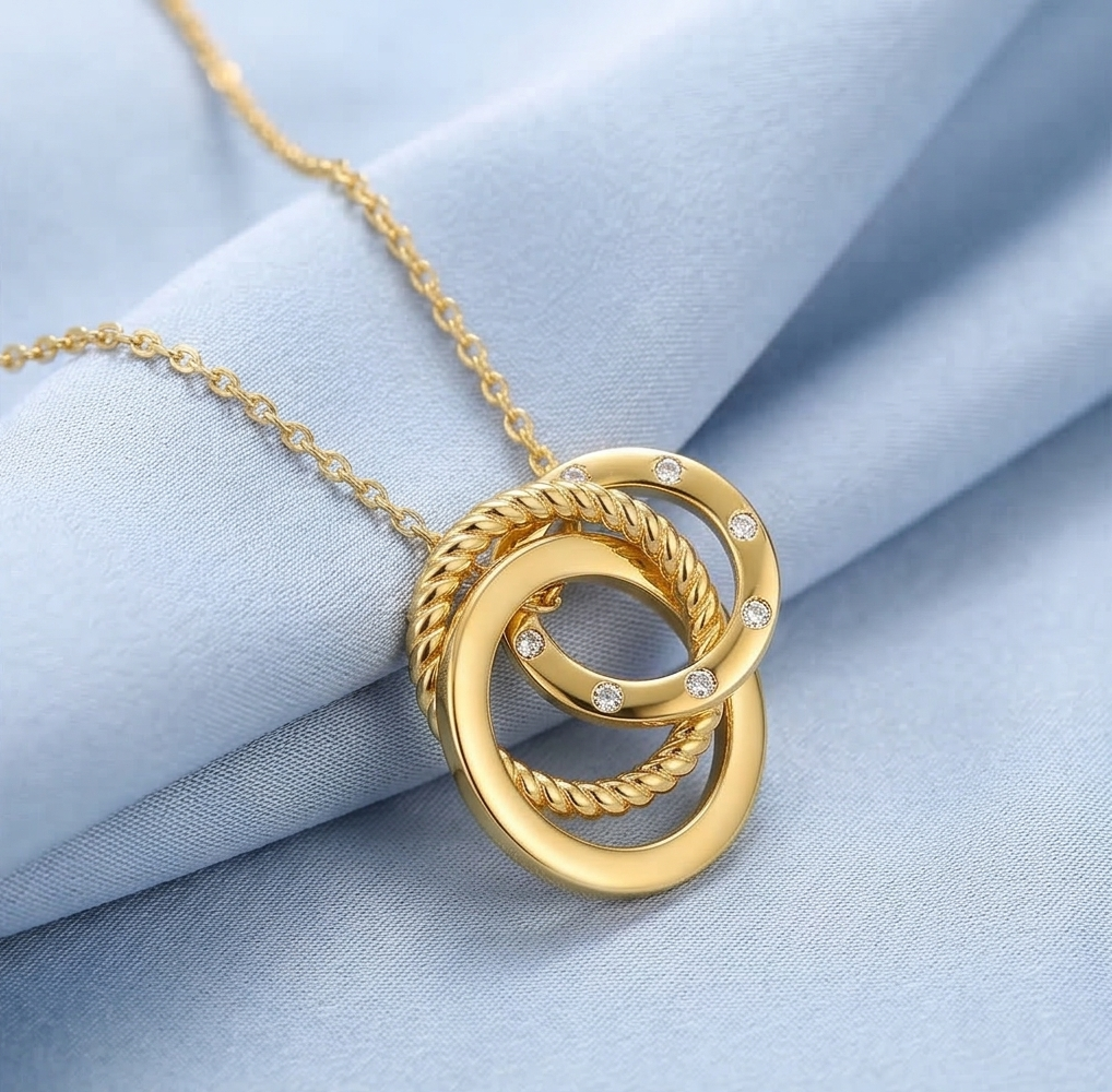 925 Sterling Silver Gold Plated Interlocking Rings Pendant Necklace Jewellery for Women