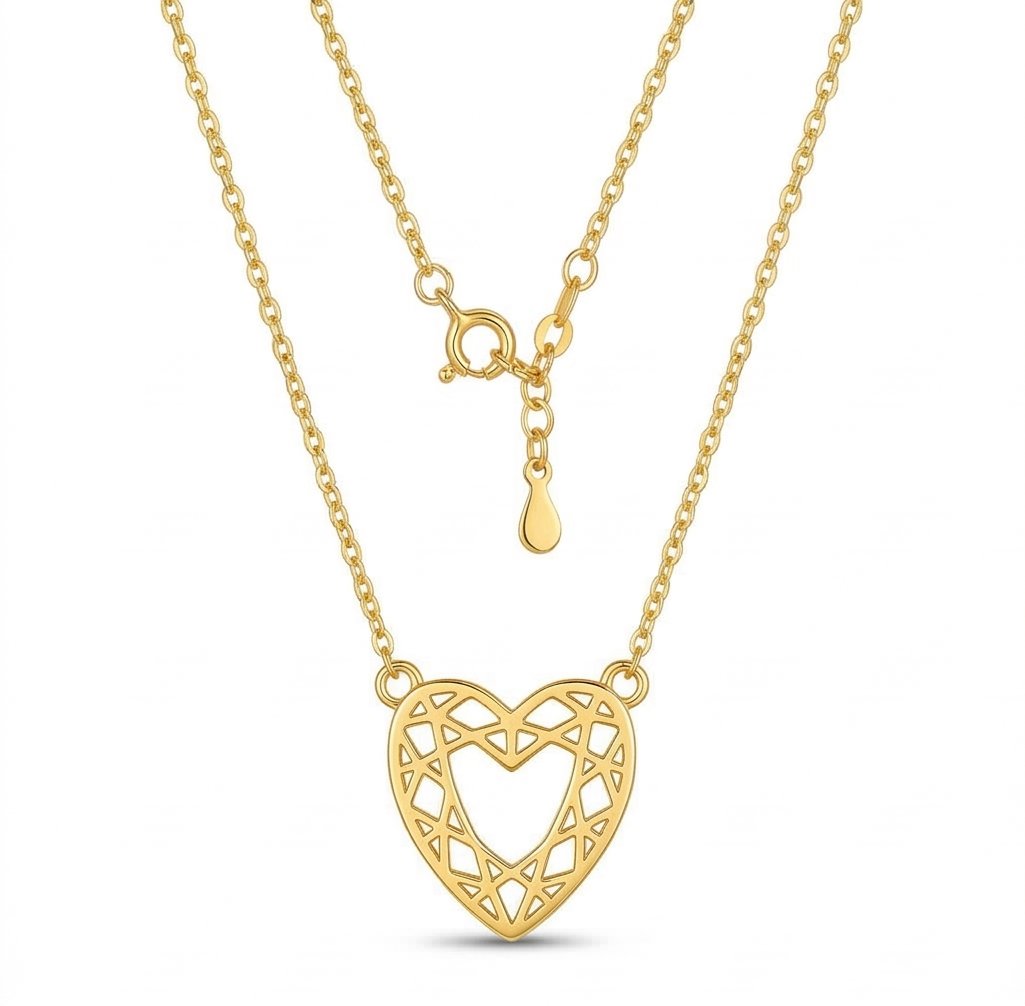 925 Sterling Silver Gold Plated Geometric Openwork Heart Necklace Jewellery for Women