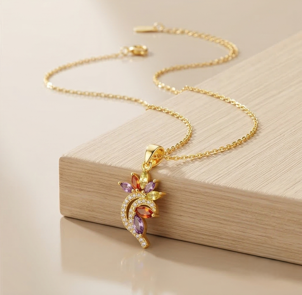 925 Sterling Silver Gold Plated Multi-Color Floral Pendant Necklace Jewellery for Women