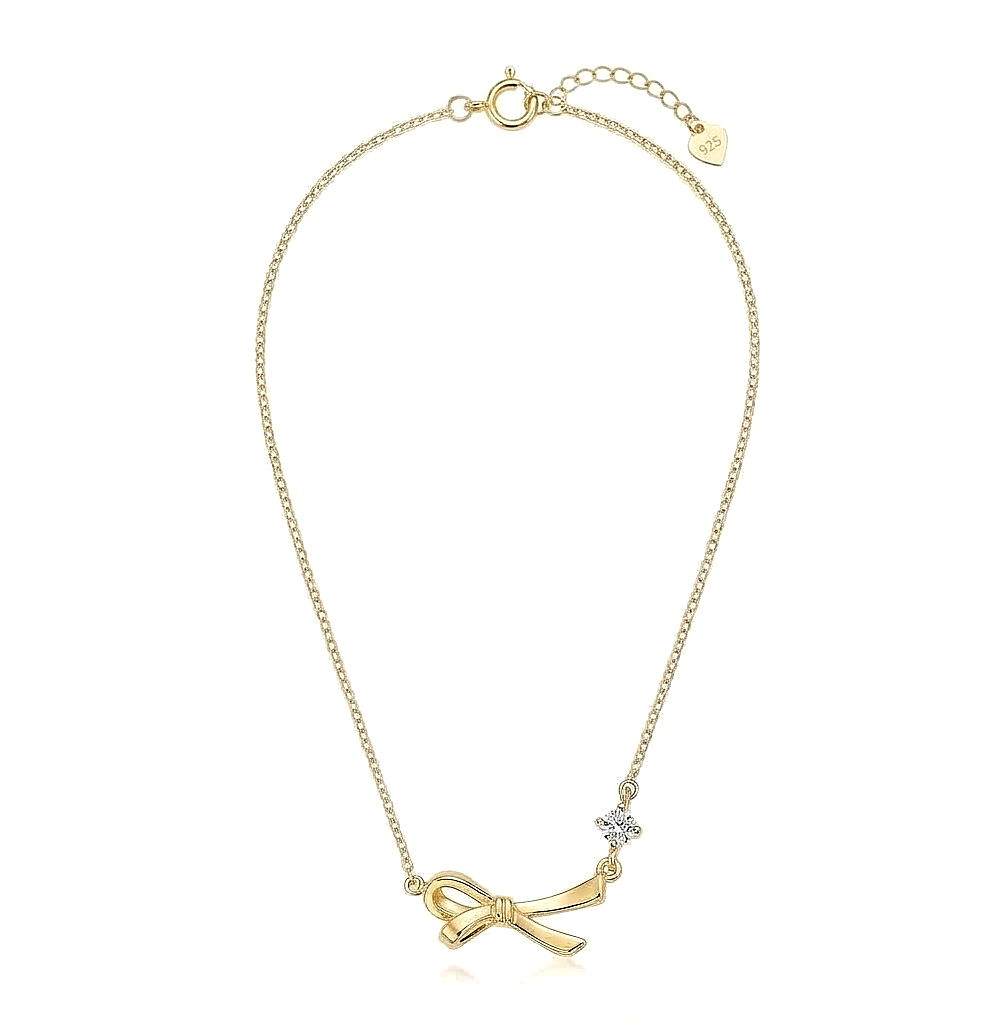 925 Sterling Silver Ribbon Bow Pendant Necklace for Women, Yellow Gold Finish Minimalist Jewellery