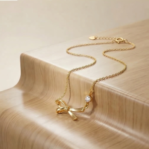 925 Sterling Silver Ribbon Bow Pendant Necklace for Women, Yellow Gold Finish Minimalist Jewellery