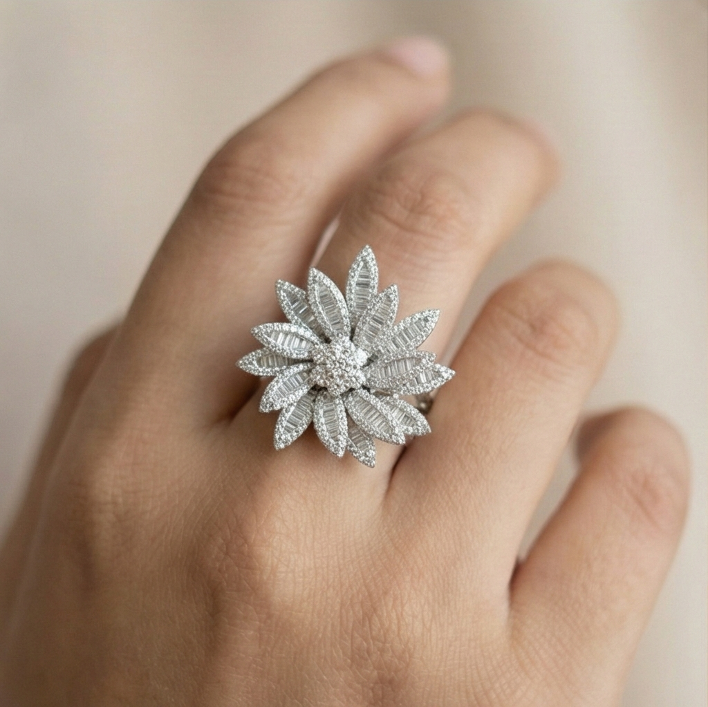 925 Sterling Silver Oversized Floral Statement Ring High Polish Rhodium Jewellery