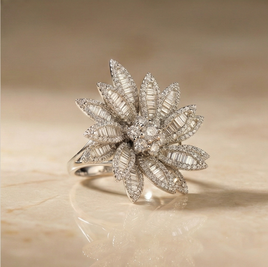 925 Sterling Silver Oversized Floral Statement Ring High Polish Rhodium Jewellery