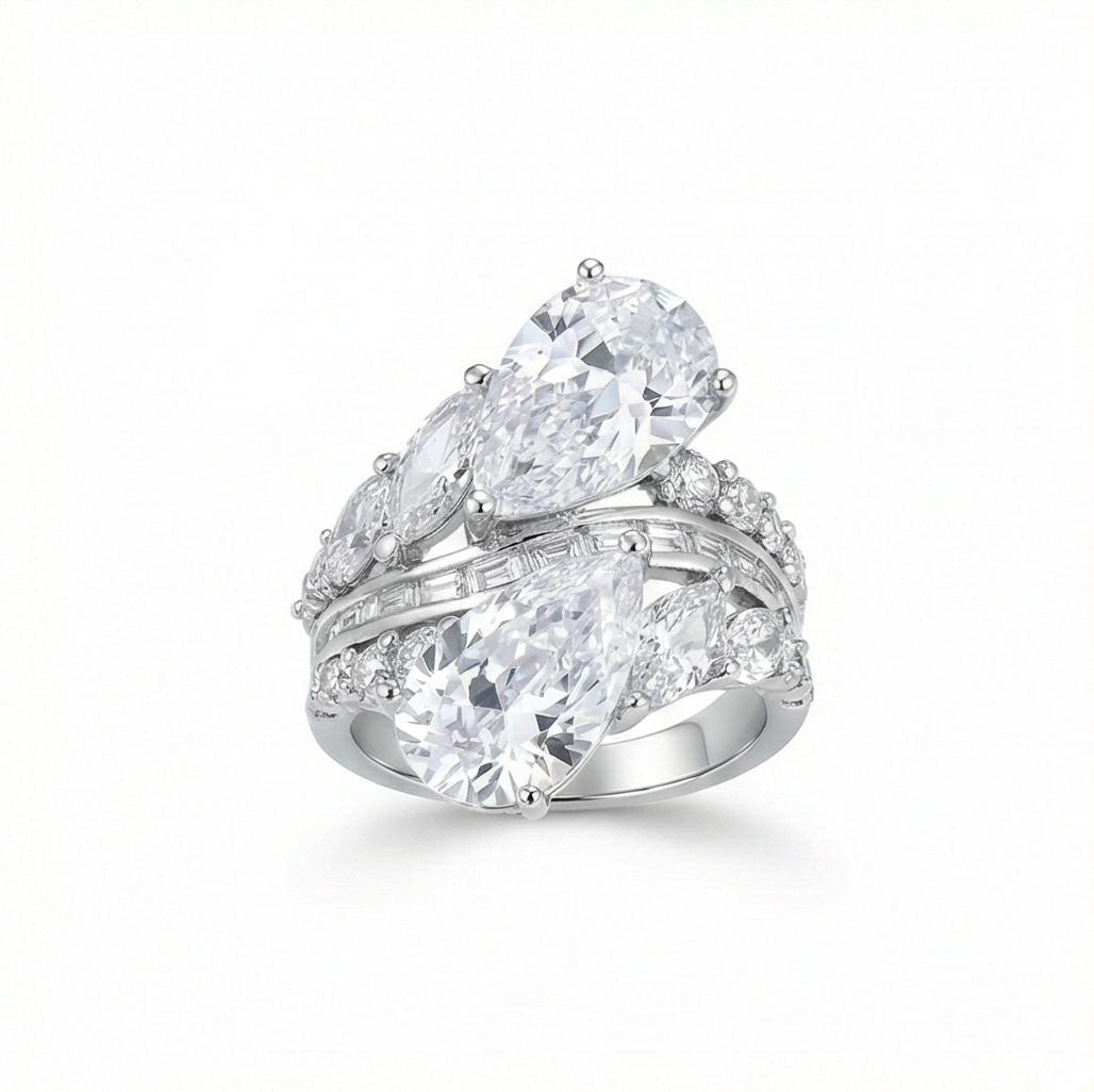 925 Sterling Silver Dual Pear Bypass Ring High Polish Rhodium Jewellery