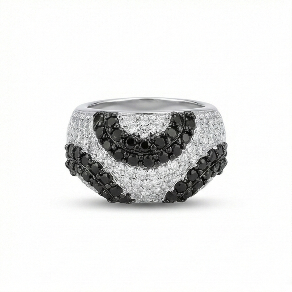 925 Sterling Silver Black & White Swirl Pattern Dome Ring High Polish Rhodium Jewellery - Size 6