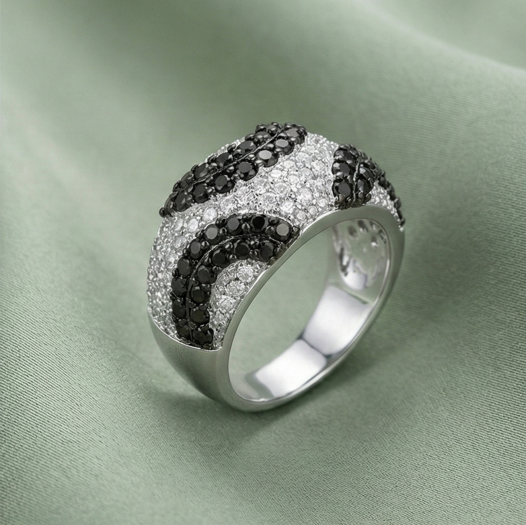 925 Sterling Silver Black & White Swirl Pattern Dome Ring High Polish Rhodium Jewellery - Size 6