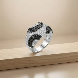 925 Sterling Silver Black & White Swirl Pattern Dome Ring High Polish Rhodium Jewellery - Size 7