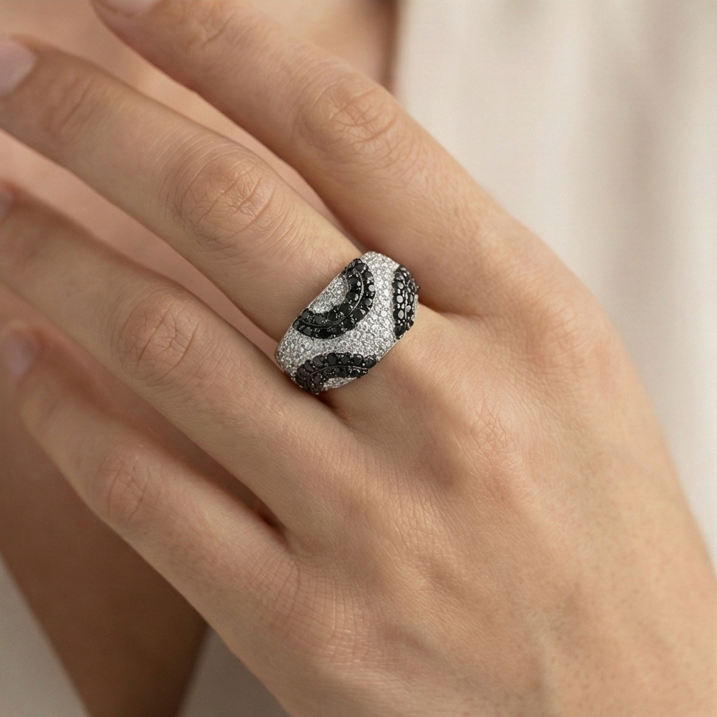 925 Sterling Silver Black & White Swirl Pattern Dome Ring High Polish Rhodium Jewellery - Size 5
