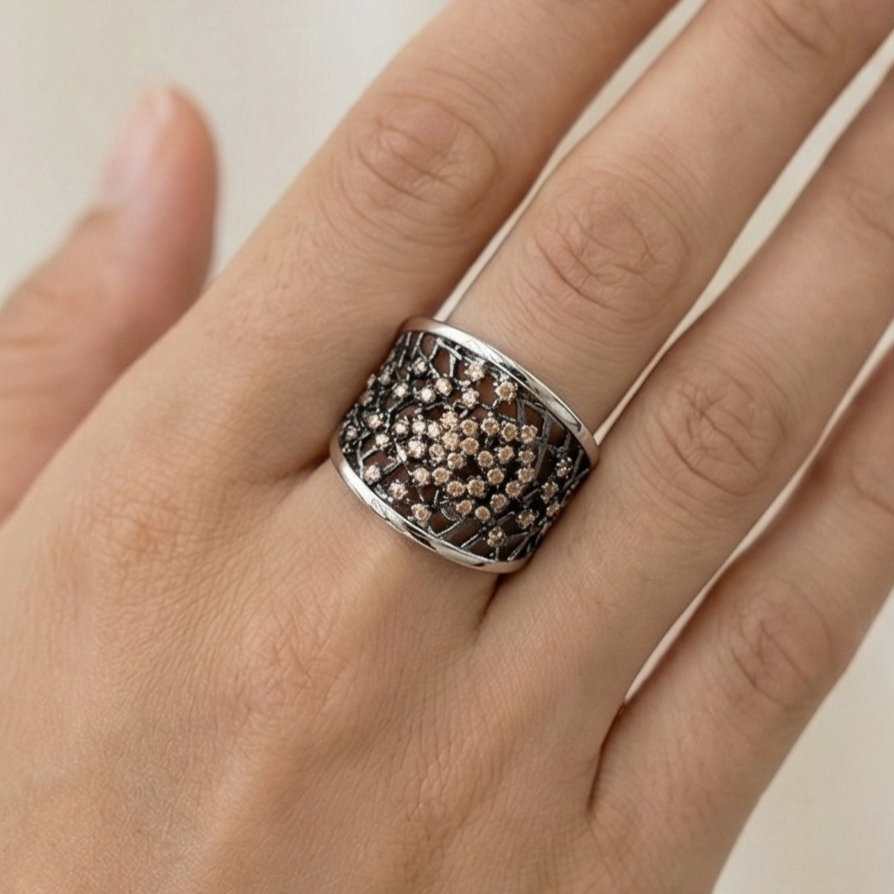 925 Sterling Silver Openwork Mesh Ring High Polish Rhodium Jewellery - Size 9