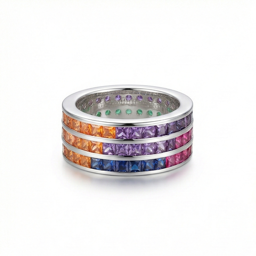 925 Sterling Silver Rainbow Multi-Row Band Ring High Polish Rhodium Jewellery - Size 6