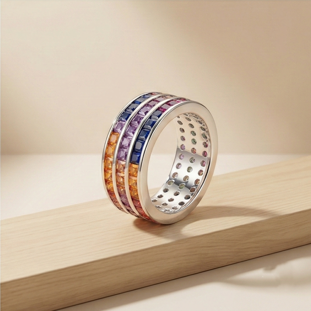 925 Sterling Silver Rainbow Multi-Row Band Ring High Polish Rhodium Jewellery - Size 6
