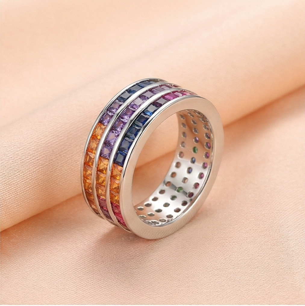 925 Sterling Silver Rainbow Multi-Row Band Ring High Polish Rhodium Jewellery - Size 7