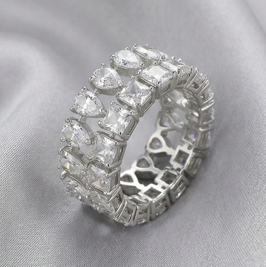 925 Sterling Silver Double Row Statement Ring High Polish Rhodium Finish Elegant Jewellery for Women - Size 8