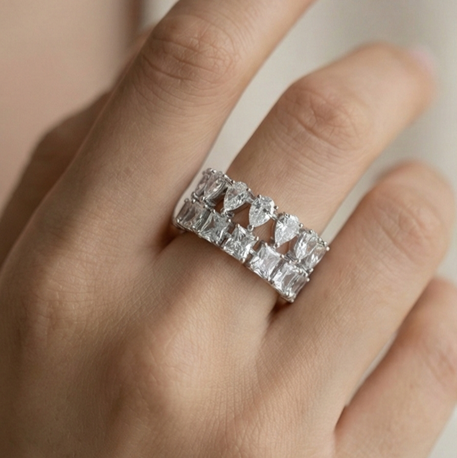 925 Sterling Silver Double Row Statement Ring High Polish Rhodium Finish Elegant Jewellery for Women - Size 8