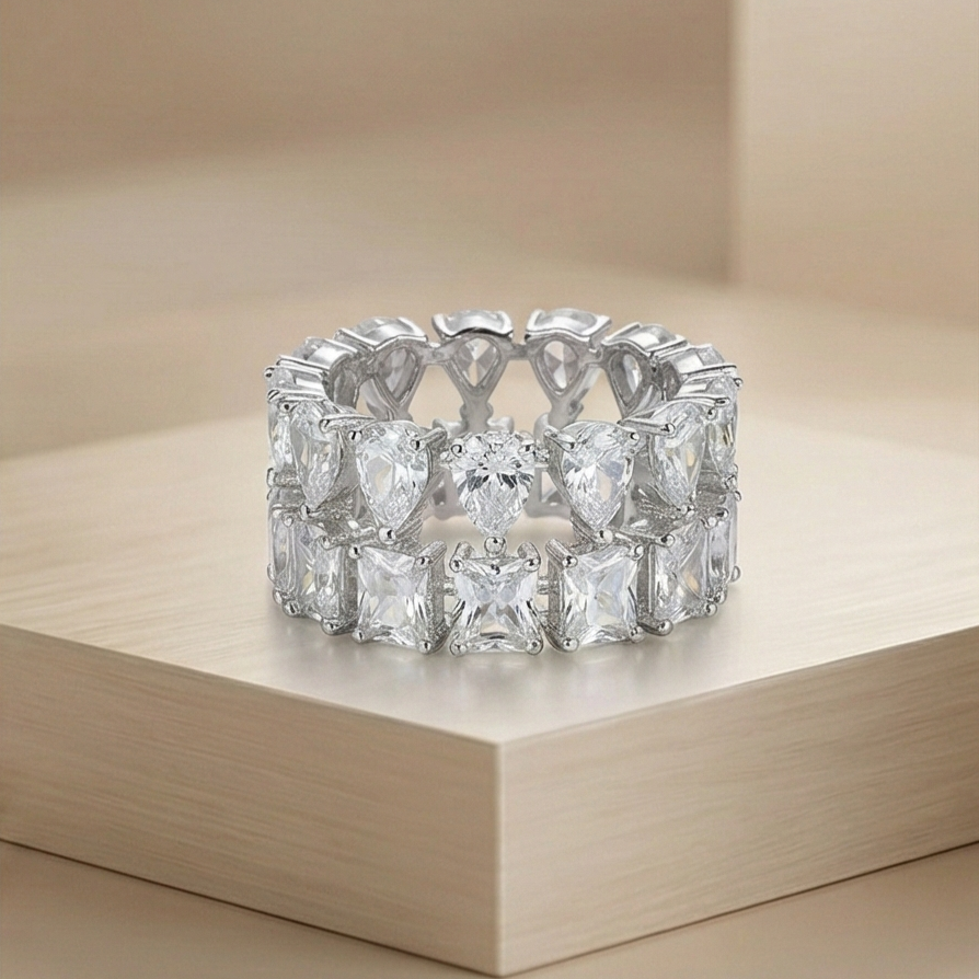 925 Sterling Silver Double Row Statement Ring High Polish Rhodium Finish Elegant Jewellery for Women - Size 7